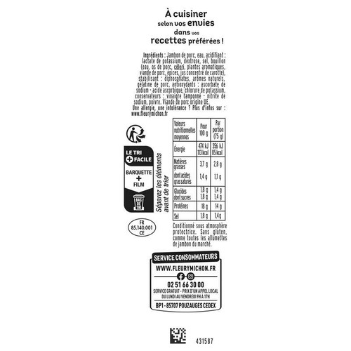 Fleury Michon Allumettes de Jambon Goût légèrement fumé 2x75g