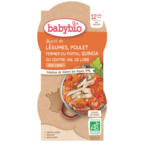 Babybio Mijoté légumes, poulet fermier du Poitou, Quinoa Bio 2x200g