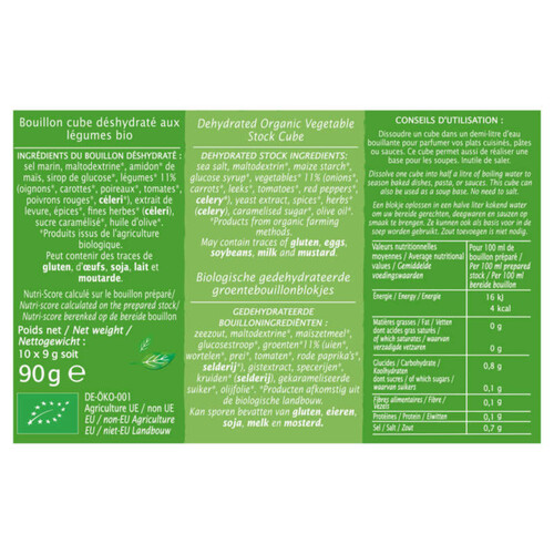 Jardin Bio Bouillon Cube Légumes, dégraissé x10 cubes 90g