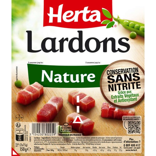 Herta Lardons Nature sans nitrite 2x75g