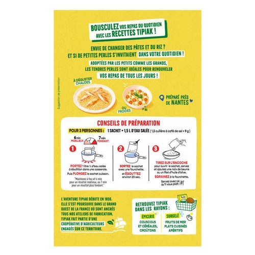 Tipiak Blé Tendres Perles Prêt en 5min Sachets Cuisson x2, 350g