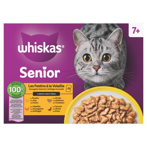 Whiskas Fraîcheur Les Festins à la Volaille en sauce 4 variétés pour chat senior 12x85g