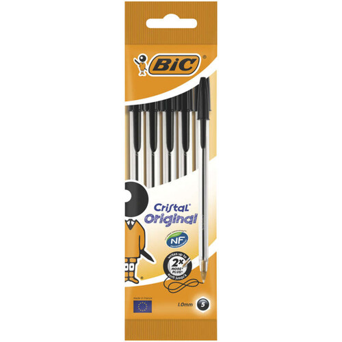 Bic 5 Stylos-Billes Cristal, Encre Noire