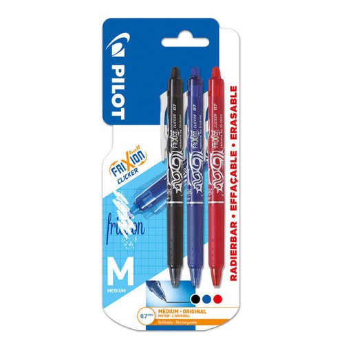 Pilot 3 stylos effaçables FriXion Ball Clicker noir bleu rouge