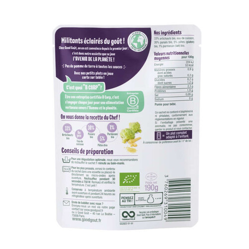 [Par Naturalia]  Good Goût Plat Complet Artichauts Panais Pâtes Parmesan Dès 6 Mois Bio 190g